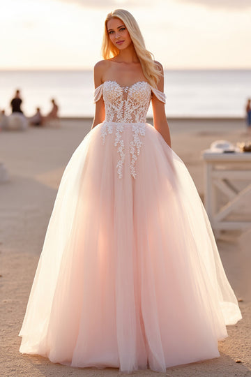 Off The Shoulder Tulle A Line Blush Wedding Dress with Appliques